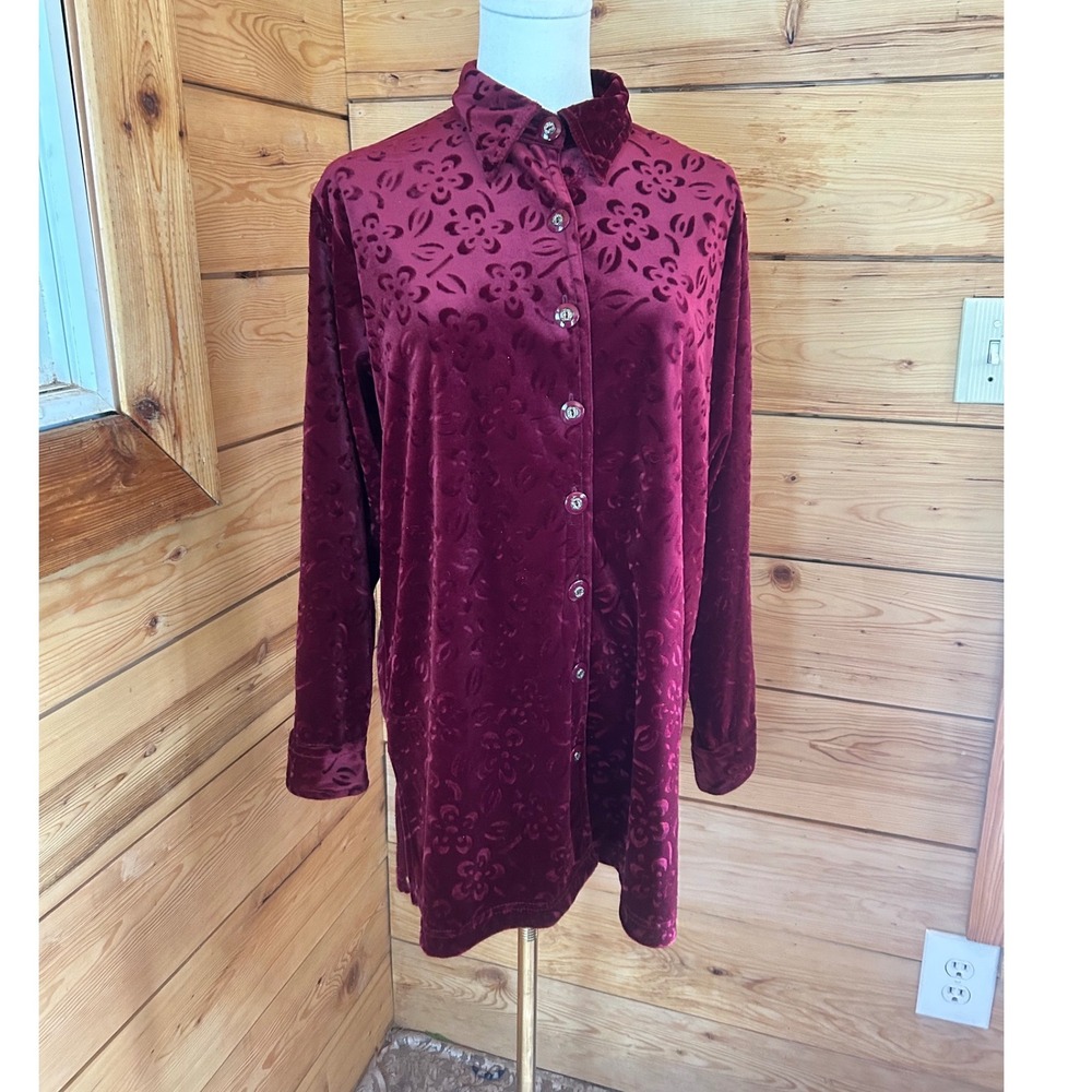 Vintage Velvet Oversized Button down‎ Top Women Large Burgundy Hamells Luxurious